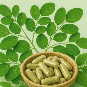 Pavmi 60-count moringa capsules in a white herbal supplement bottle
