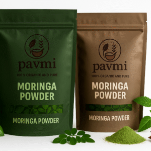 Pavmi 100g organic moringa leaf powder in eco-friendly packaging